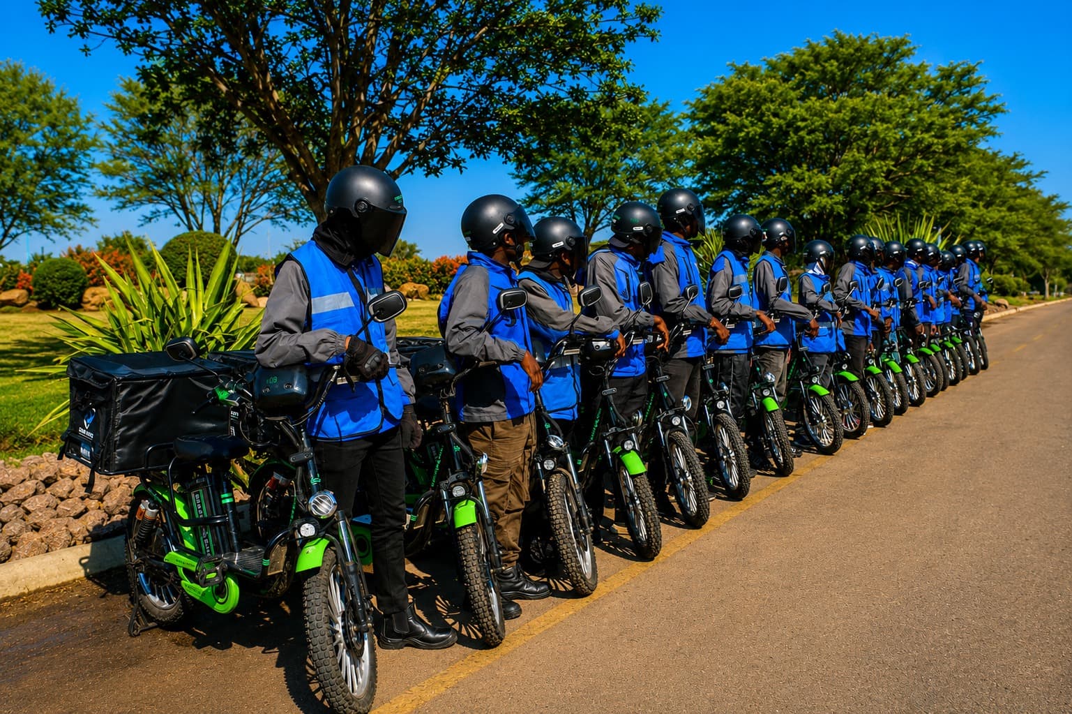 Gabs Eats riders beside a line of electric delivery bikes