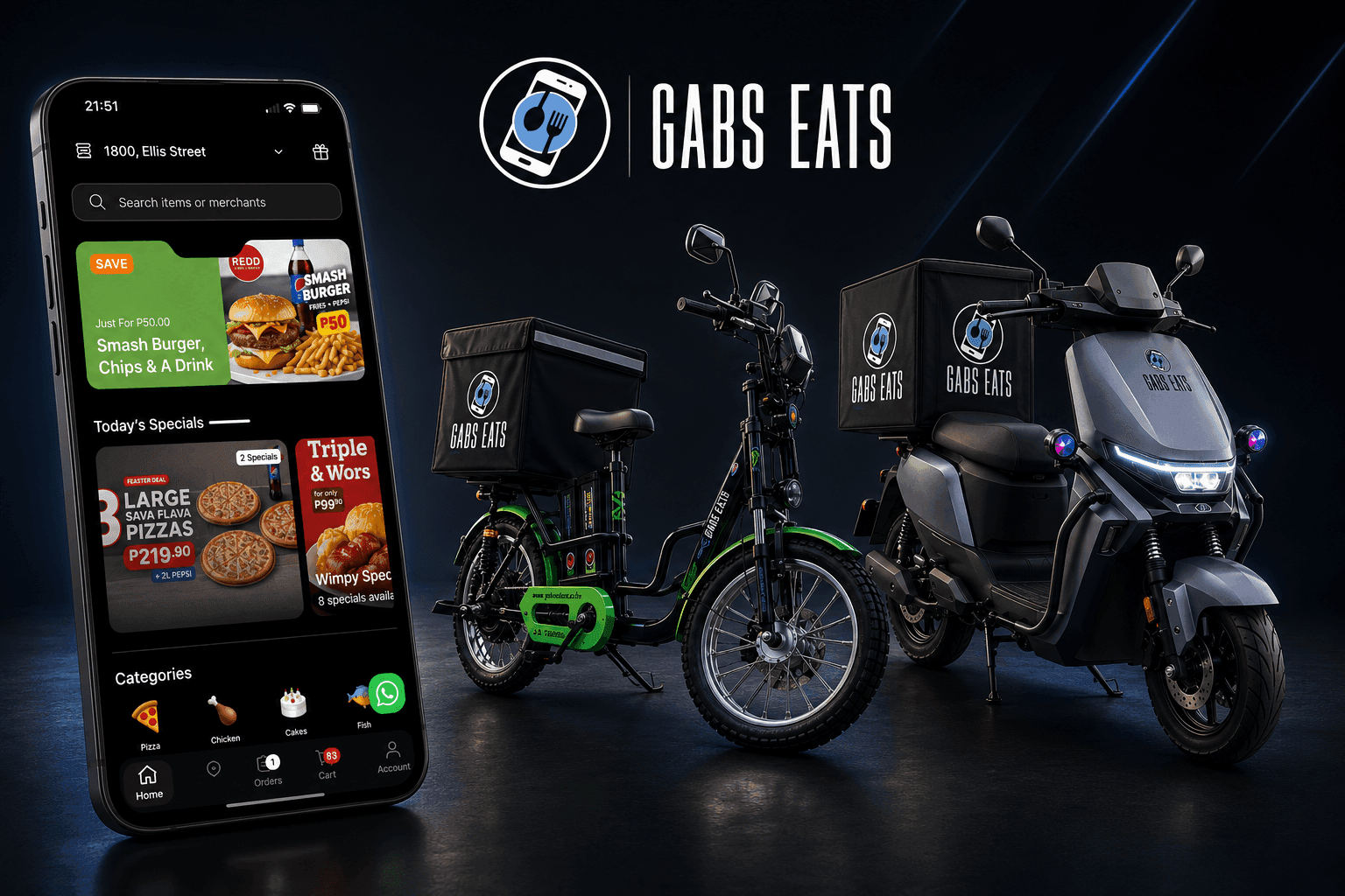 The Gabs Eats app with electric delivery vehicles